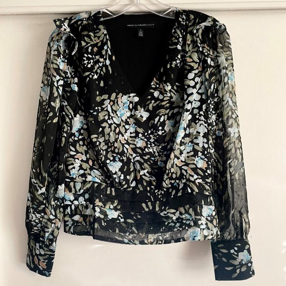 WHBM Floral Metallic Sheer Print Blouse Sz 2 Balloon Sleeve V Lined Black/Blue - Picture 10 of 16